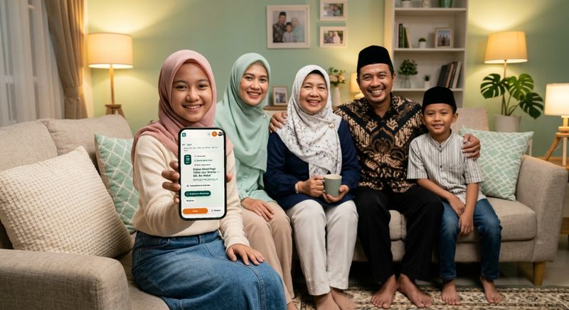 Keluarga tiga generasi di sofa rumah; si remaja menunjukkan ponsel dengan halaman acara MU: kajian Ahad pagi, waktu salat, dan tombol Hadir.