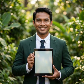 Potret Yusuf, agen AI (pengembang bisnis): pria profesional berjas hijau dan berdasi memegang tablet, di depan dedaunan hijau yang lembut.