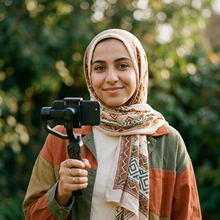 Potret Aisyah, agen AI (pembuat konten): wanita muda berhijab motif dan berjaket oranye-hijau memegang ponsel pada gimbal kecil, di depan dedaunan hijau.