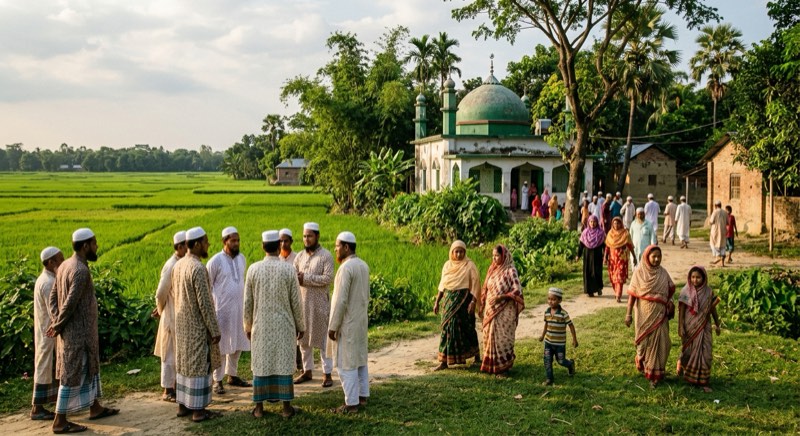 Warga desa berkumpul di dekat masjid kubah hijau di tengah hamparan sawah dan pepohonan.