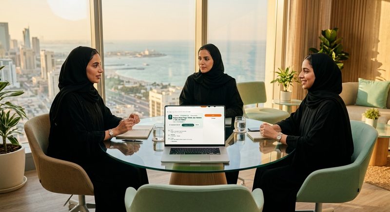 Tiga wanita pengusaha berabaya di meja kantor dengan pemandangan laut; di laptop halaman acara MU dengan tanggal, waktu salat, dan lokasi.