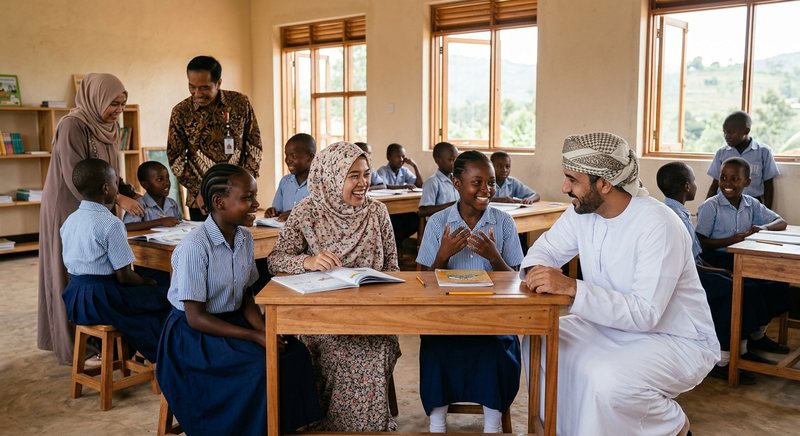 Pengunjung dari Indonesia dan Arab, pria dan wanita berpakaian sopan, duduk bersama murid-murid berseragam di ruang kelas sekolah desa di Afrika yang terang, saling tersenyum dan bercakap-cakap.
