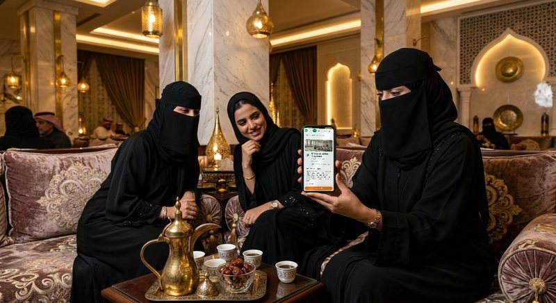 Tiga wanita Arab berabaya hitam, dua di antaranya bercadar, duduk di salon kopi mewah; salah satunya menunjukkan aplikasi MU di ponselnya kepada yang lain.