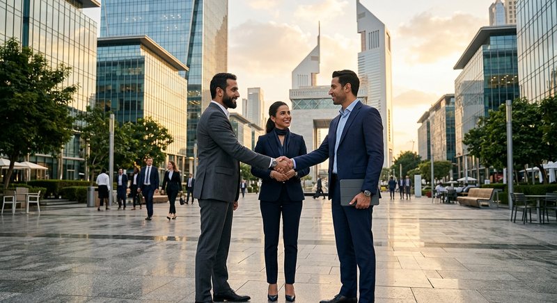 Tiga pengusaha Arab berjas, dua pria dan satu wanita, berjabat tangan di plaza kawasan keuangan Dubai dengan gedung kaca di sekelilingnya saat senja.