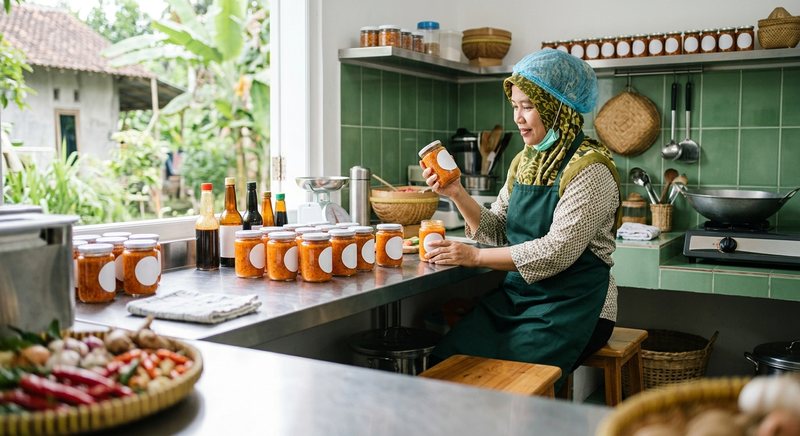 Seorang perempuan berhijab dan bertutup rambut memeriksa stoples sambal di dapur produksi kecil yang bersih berubin hijau.