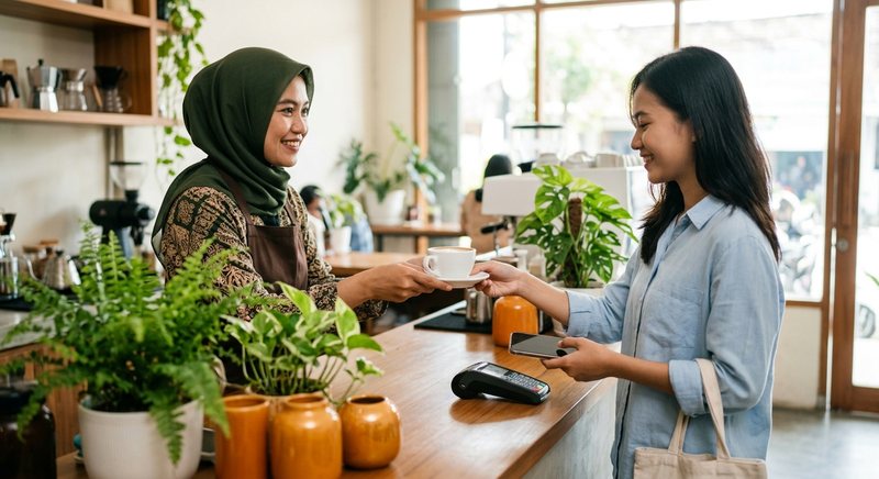 Penjual berhijab hijau tersenyum menyerahkan secangkir kopi kepada pelanggan yang memegang ponsel di dekat mesin pembayaran di kafe yang rindang.