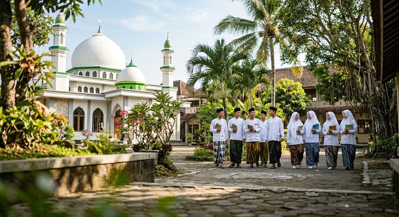 Santri putra berpeci dan sarung serta santri putri berhijab putih berjalan membawa buku di halaman pesantren dekat masjid berkubah putih di antara pohon-pohon tropis.