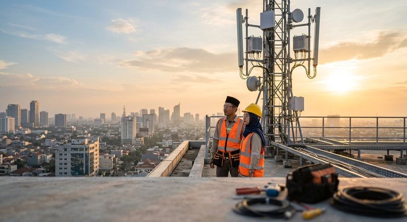 Dua teknisi telekomunikasi berhelm dan berompi oranye, seorang pria berpeci dan seorang wanita berhijab, berdiri di atap dekat menara antena dengan siluet kota saat senja.