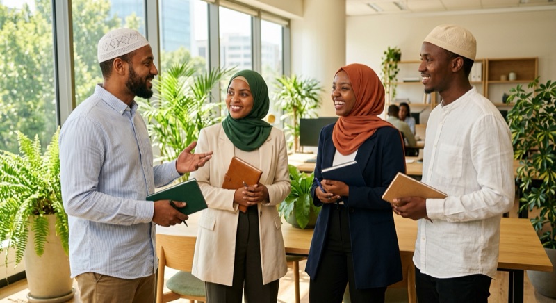 Empat profesional Afrika, berkufi dan berhijab, berbincang sambil memegang map di kantor yang hijau dan terang.