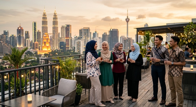 Para profesional muda berbincang di teras atap saat senja dengan pemandangan menara kembar Kuala Lumpur.