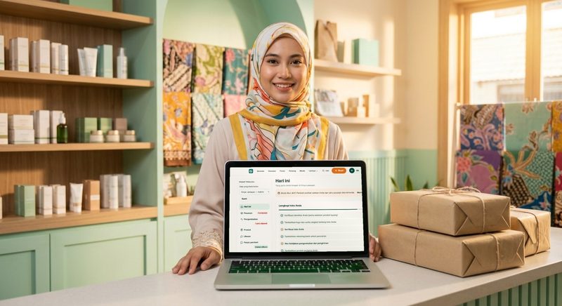 Seorang penjual berhijab motif cerah di toko halalnya yang rapi; di laptop terbuka Pusat Penjual MU dengan pesanan hari ini.