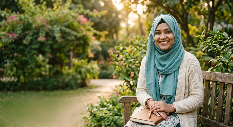 Wanita muda Bangladesh berhijab toska tersenyum di bangku taman hijau, memangku buku catatan tertutup.