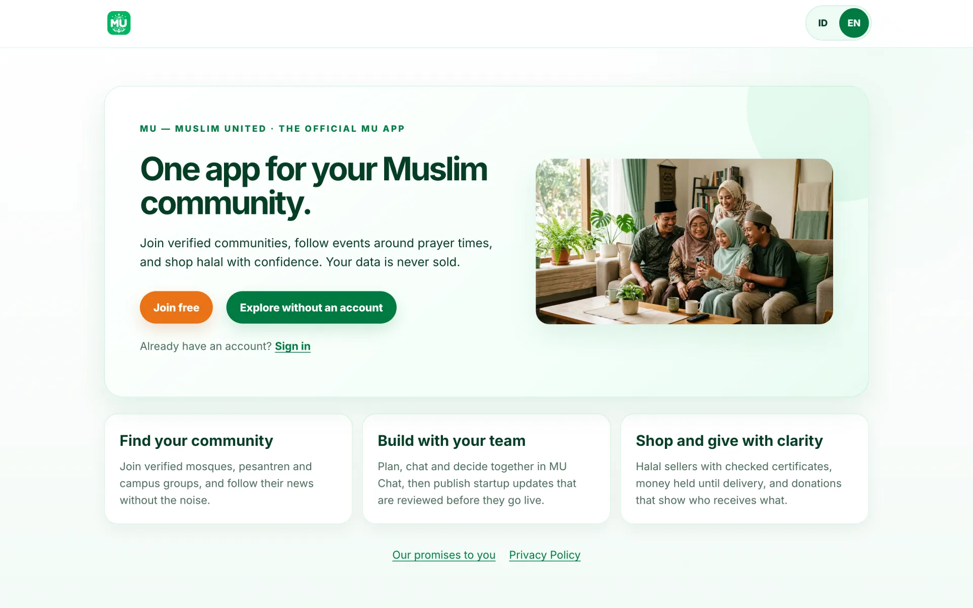 The MU app landing page in a browser: one app for your Muslim community.
