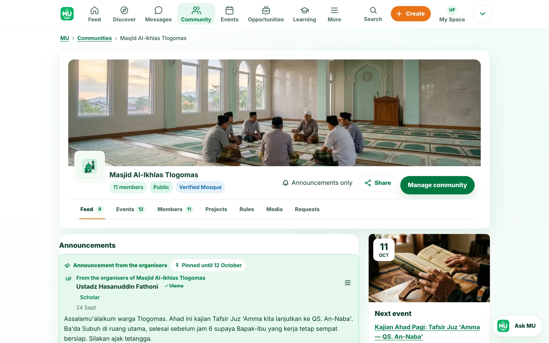 Community page with its banner and verified badge