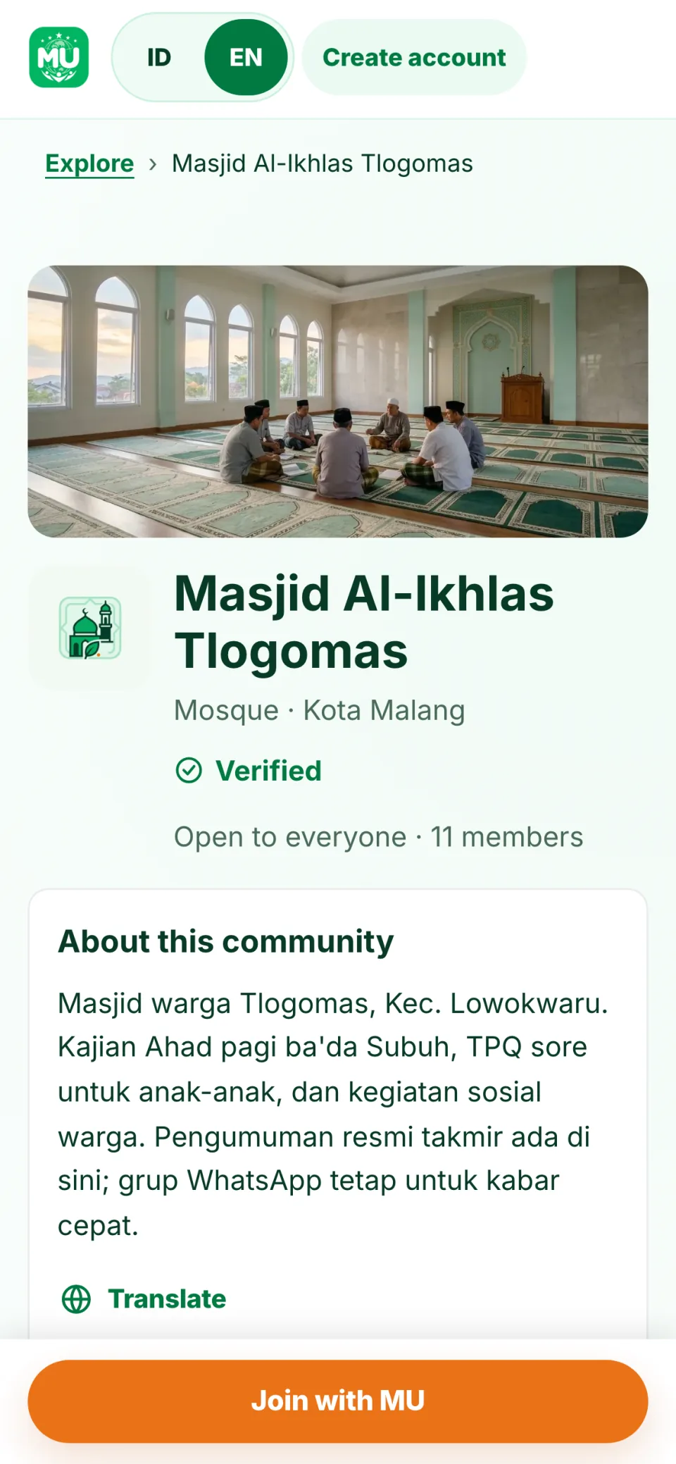 Open the mosque hub. A verified institution with its own banner photo, member count and a clear description.