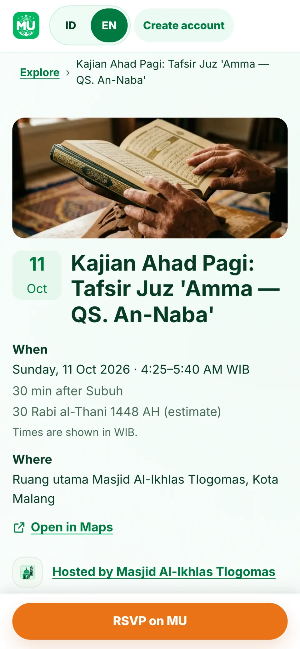 See when and where. Sunday 04:25 WIB, "after Fajr + 30 minutes", with the estimated Hijri date.