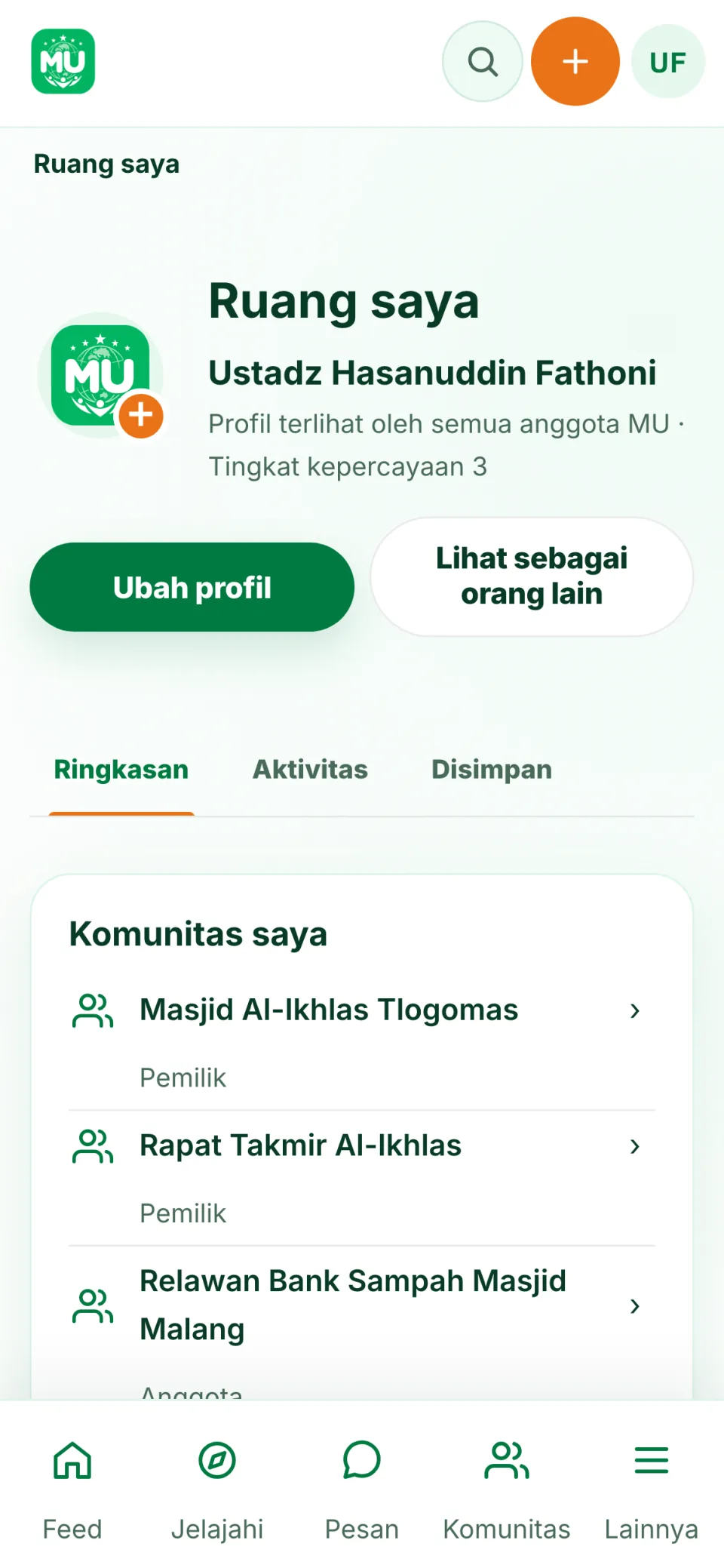 Ruang saya. Ringkasan, aktivitas, dan yang Anda simpan.