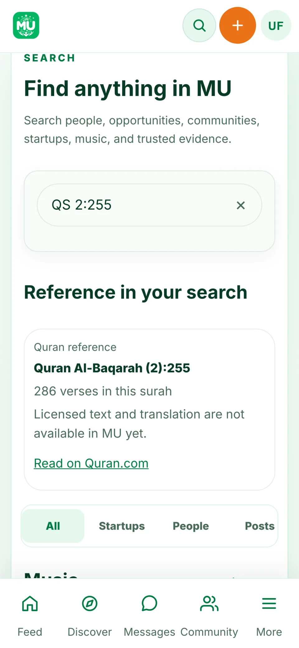 Type "QS 2:255". A Quran reference card comes first, with a link to read it on Quran.com.
