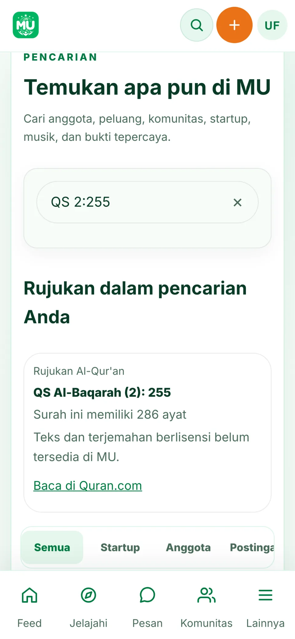 Ketik "QS 2:255". Kartu rujukan Al-Qur'an muncul lebih dulu, dengan tautan untuk membaca di Quran.com.