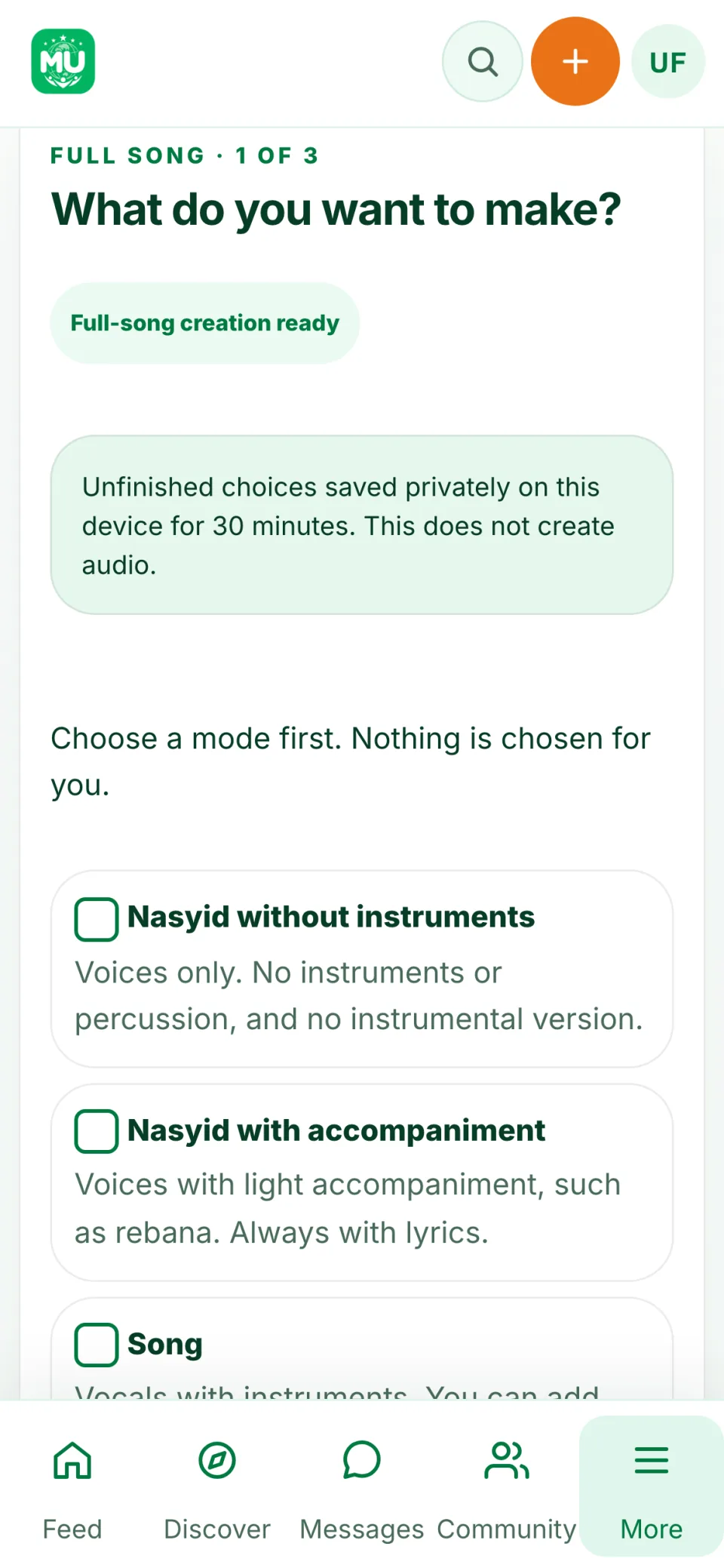 Choose a mode. Nasheed without instruments, nasheed with accompaniment, song, or music without vocals.